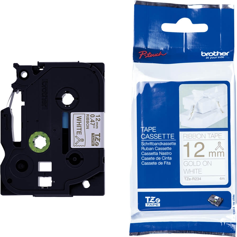 Fita Brother TZE-R234 12mm Ouro sobre Cetim Branco - Impressorajato